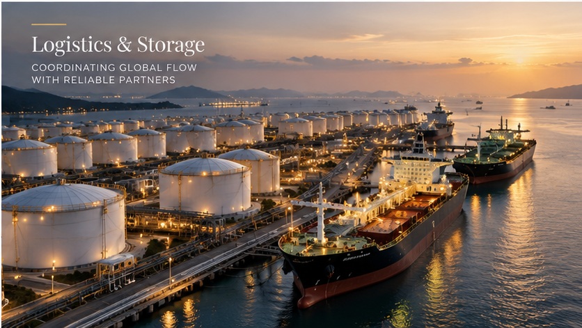 Approved illustration of industrial port, bulk liquid storage tanks and commercial vessels